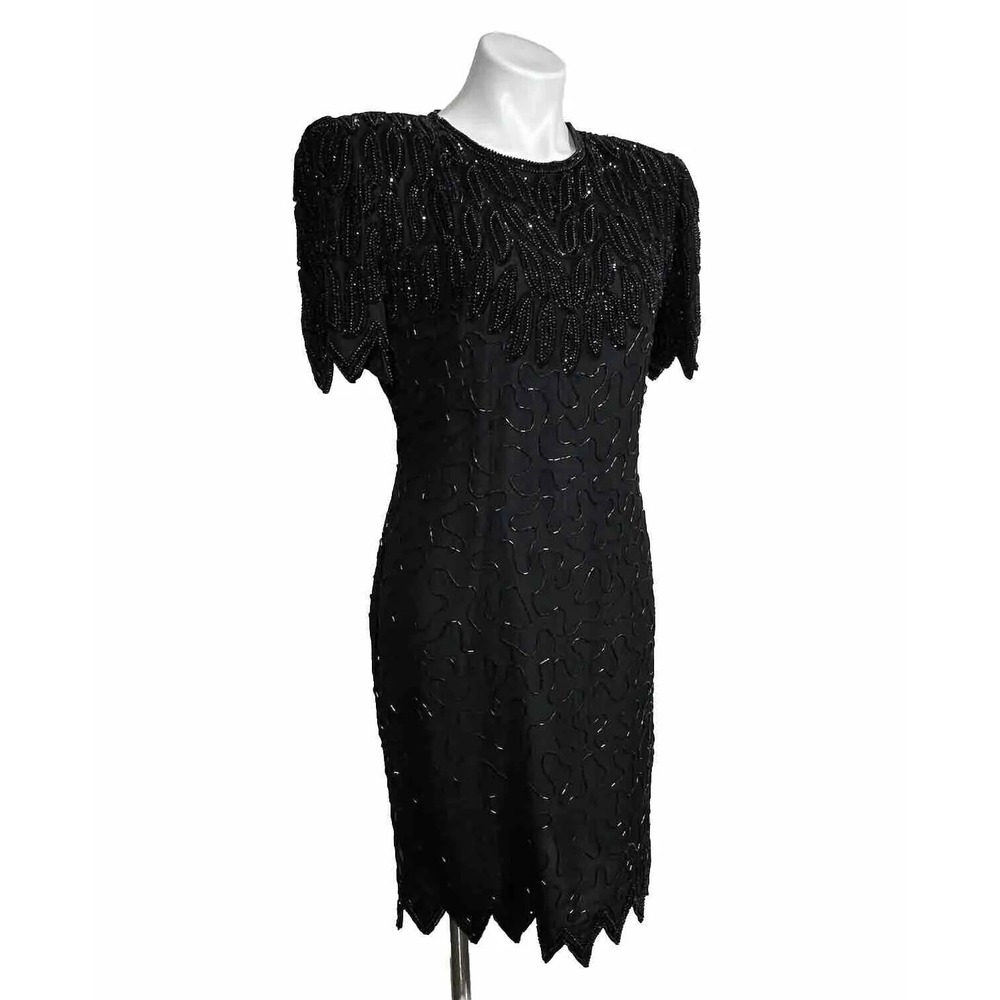 Laurence Kazar Vintage‎ Beaded Silk Dress Black Short Sleeve Womens Petite M NWT